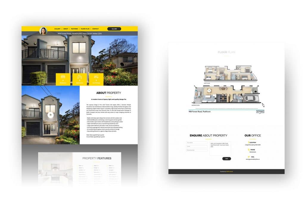 Automatic property website with listing photos, property details, a floor plan and an enquiry form