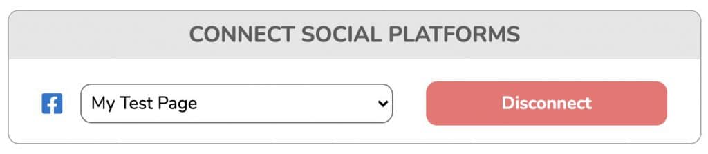 Connect Social Platforms panel with a Disconnect button for the Facebook page