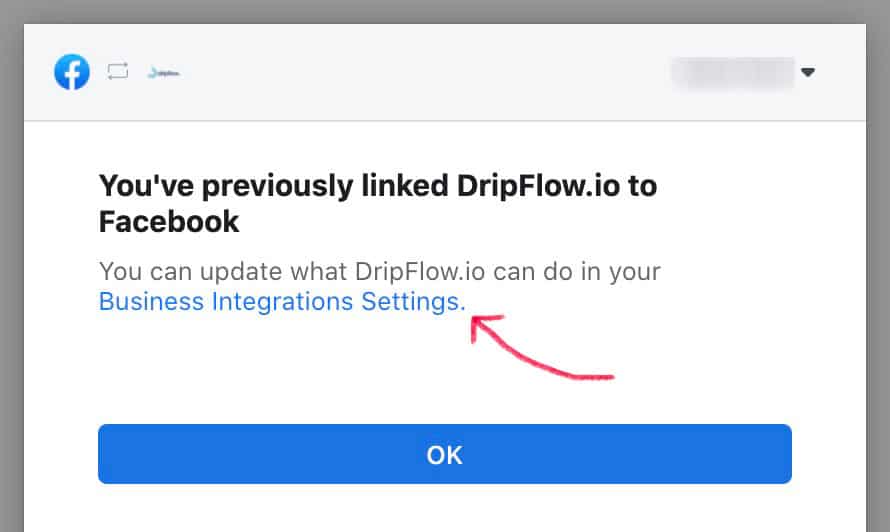 Facebook message saying DripFlow.io was previously linked, with a link to Business Integrations Settings
