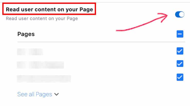 Facebook permission Read user content on your Page turned on