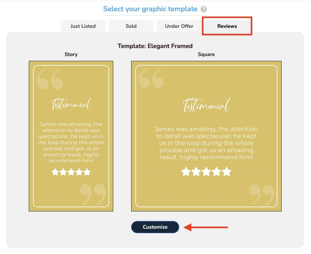 Selecting a review graphic template, with the Customise button highlighted