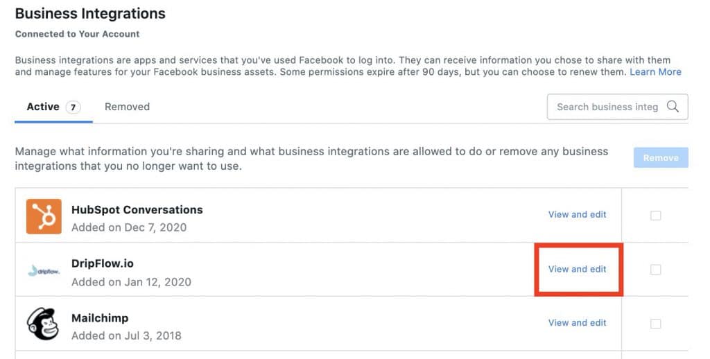 Facebook Business Integrations list with View and edit highlighted for DripFlow.io