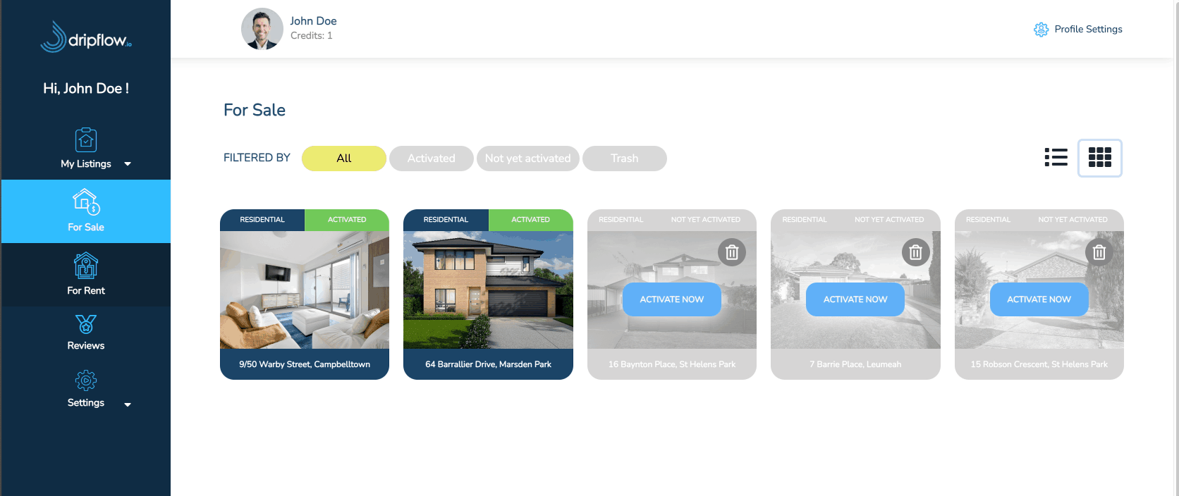Activating listings in the Dripflow For Sale listings screen