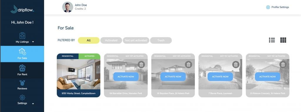 Dripflow For Sale listings with activated listings marked