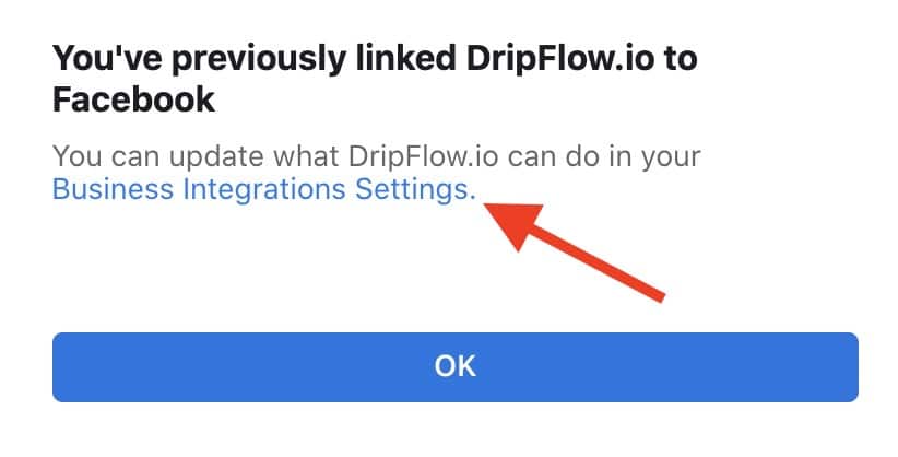 Facebook message with an arrow pointing to the Business Integrations Settings link