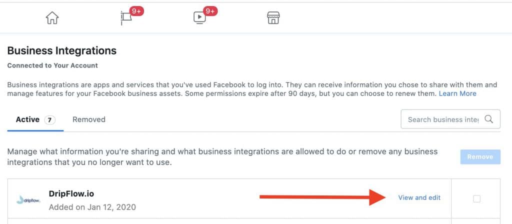 Facebook Business Integrations with an arrow pointing to View and edit for DripFlow.io