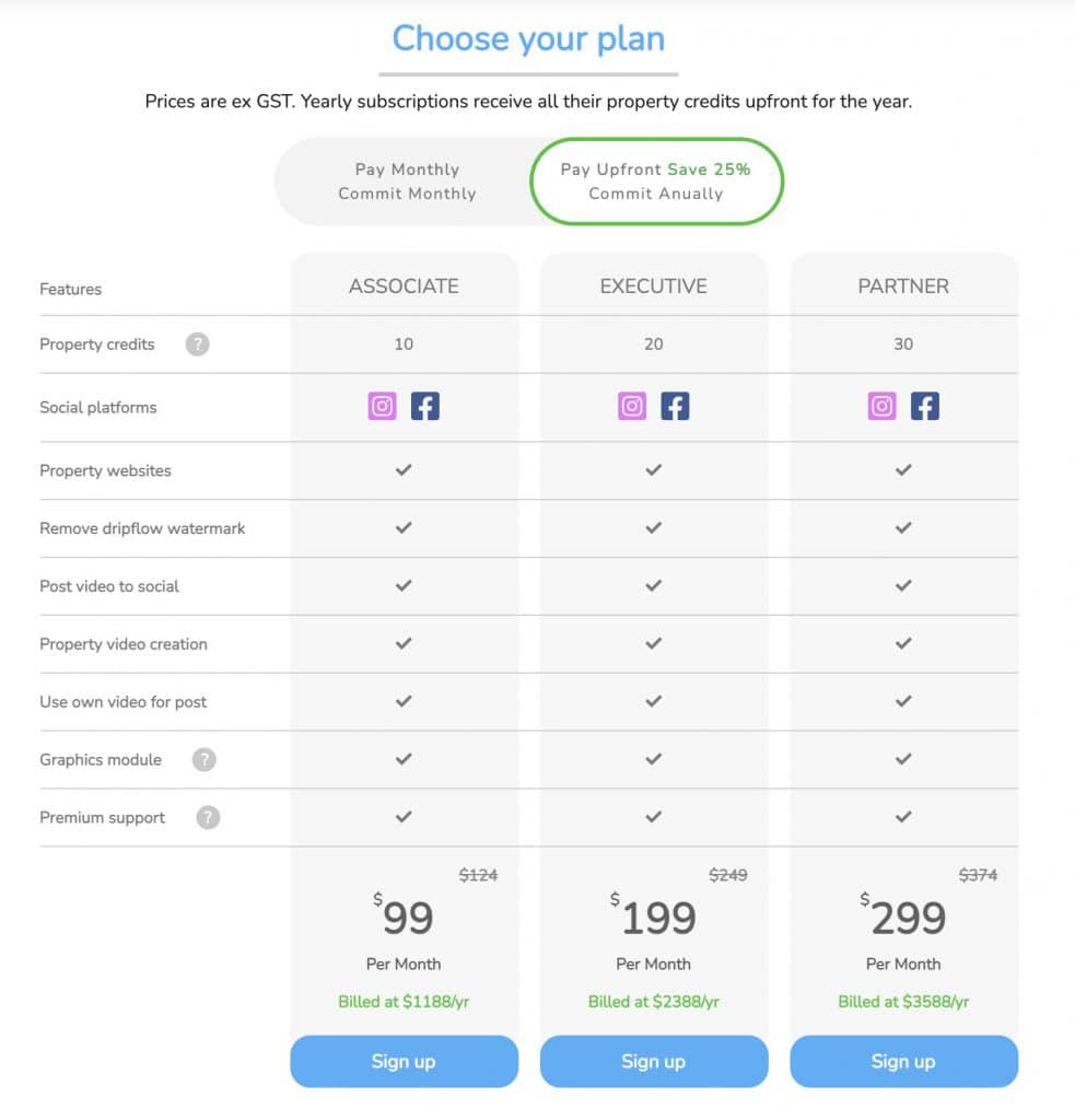 Dripflow plan comparison with monthly and yearly pricing