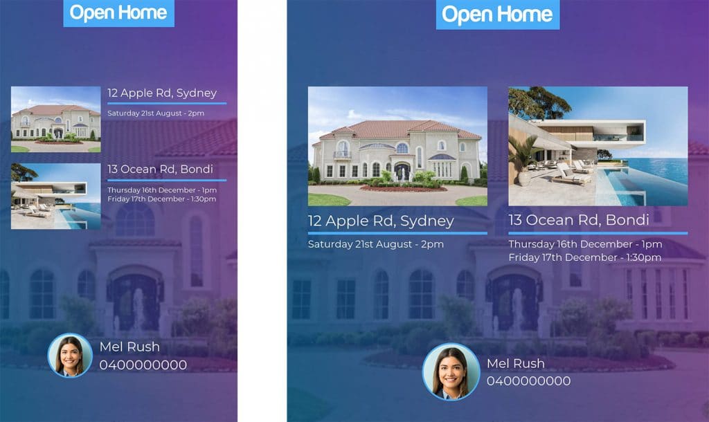 Open home graphic for two properties in story and square formats