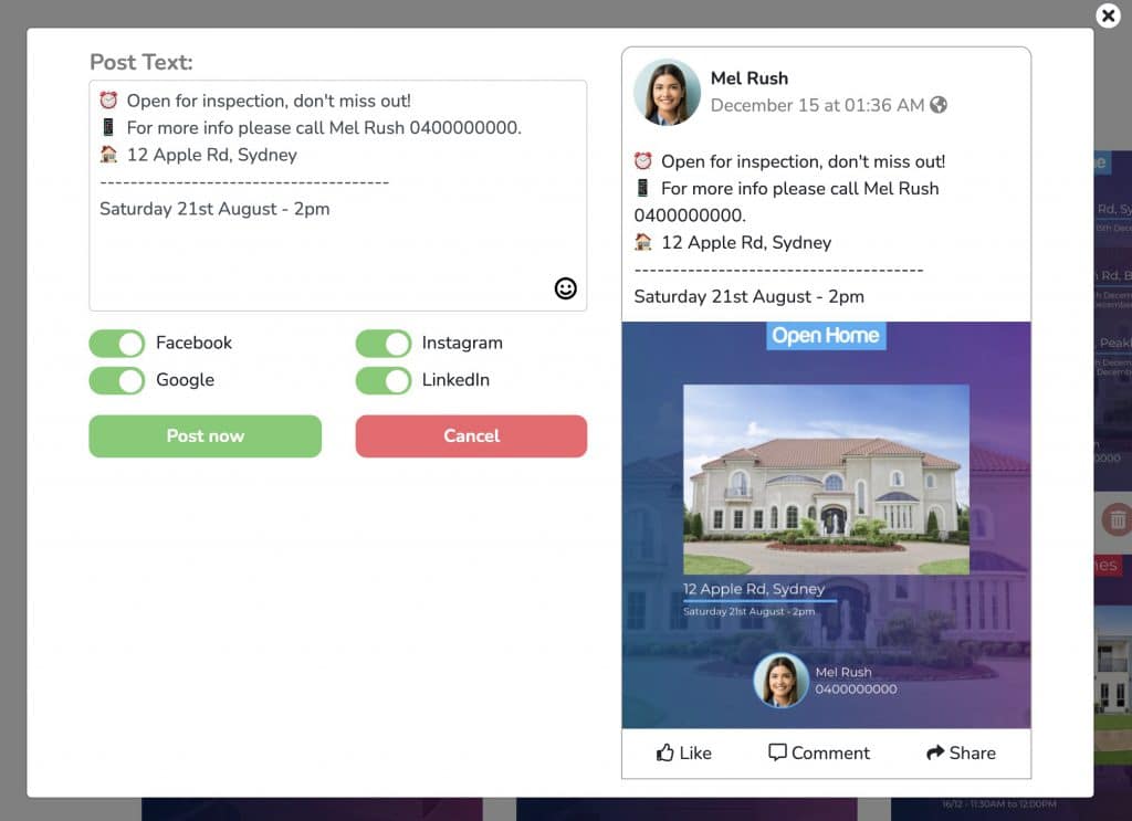 Open home post composer with the post text and a Facebook preview