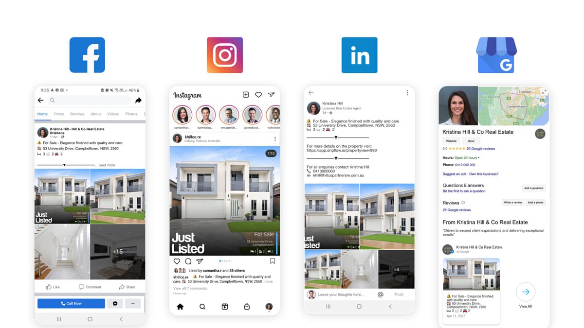 Listing posts created by Dripflow on Facebook, Instagram, LinkedIn and Google