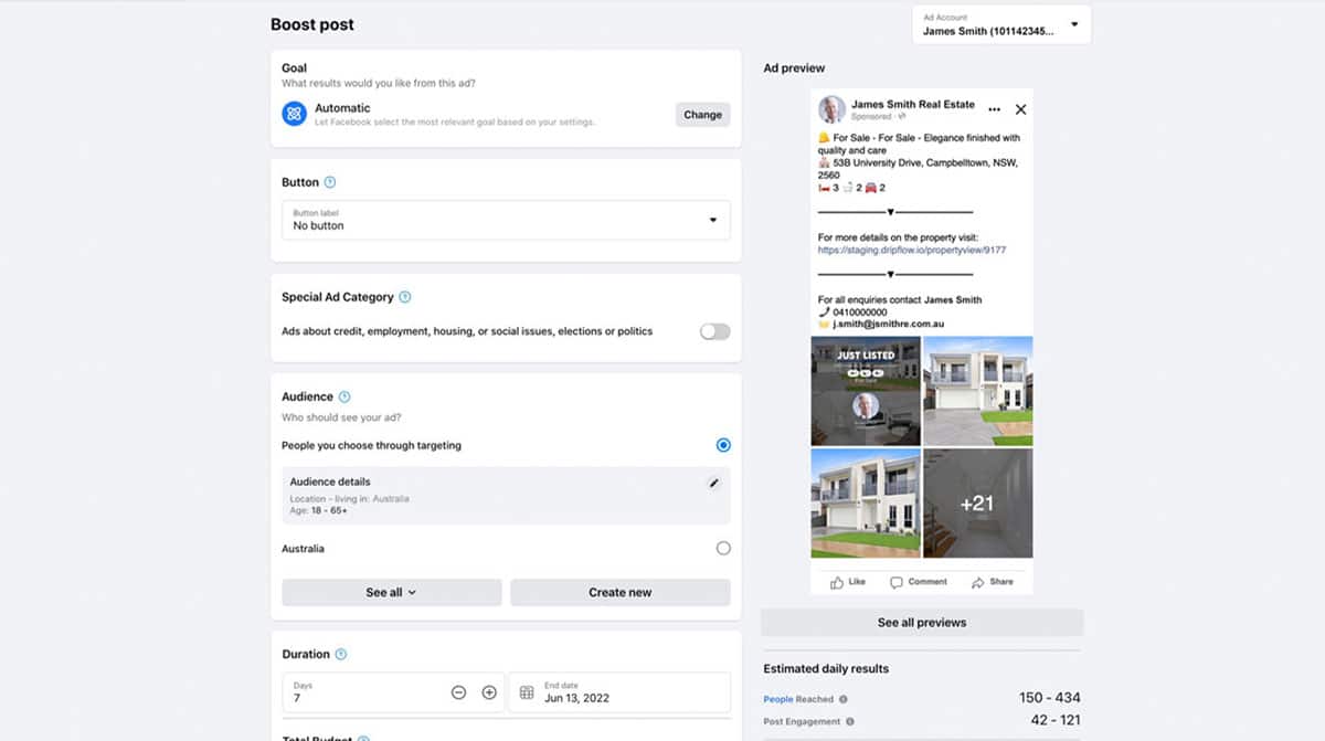 Boosting a listing post in Facebook
