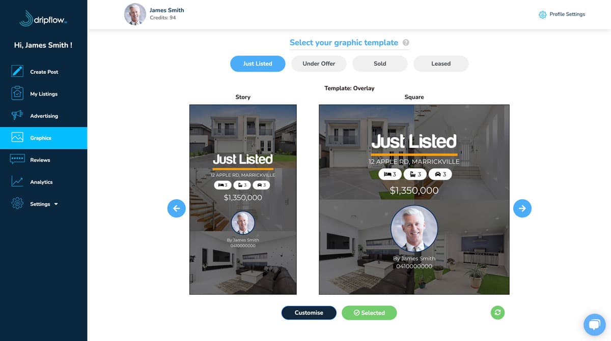 Choosing a Just Listed graphic template in Dripflow, in story and square formats
