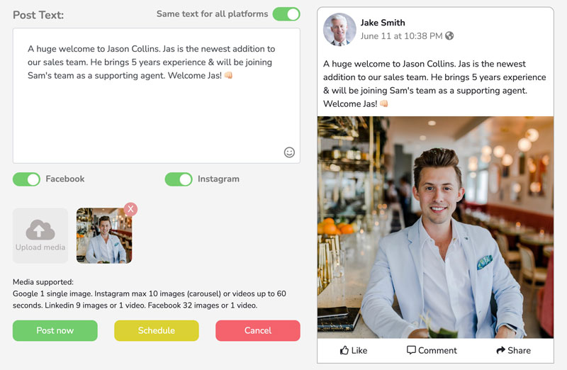 Custom post welcoming a new team member, set to post to Facebook and Instagram