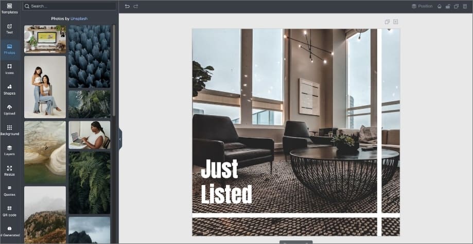 Online design editor creating a Just Listed graphic