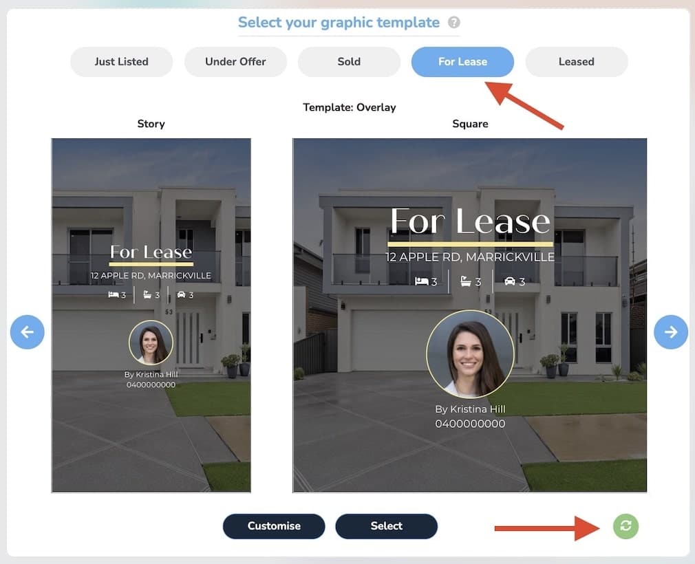 Selecting a For Lease graphic template in story and square formats