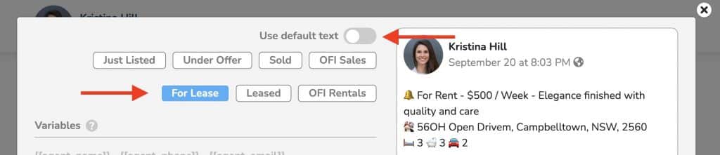 For Lease post text settings with the default text toggle