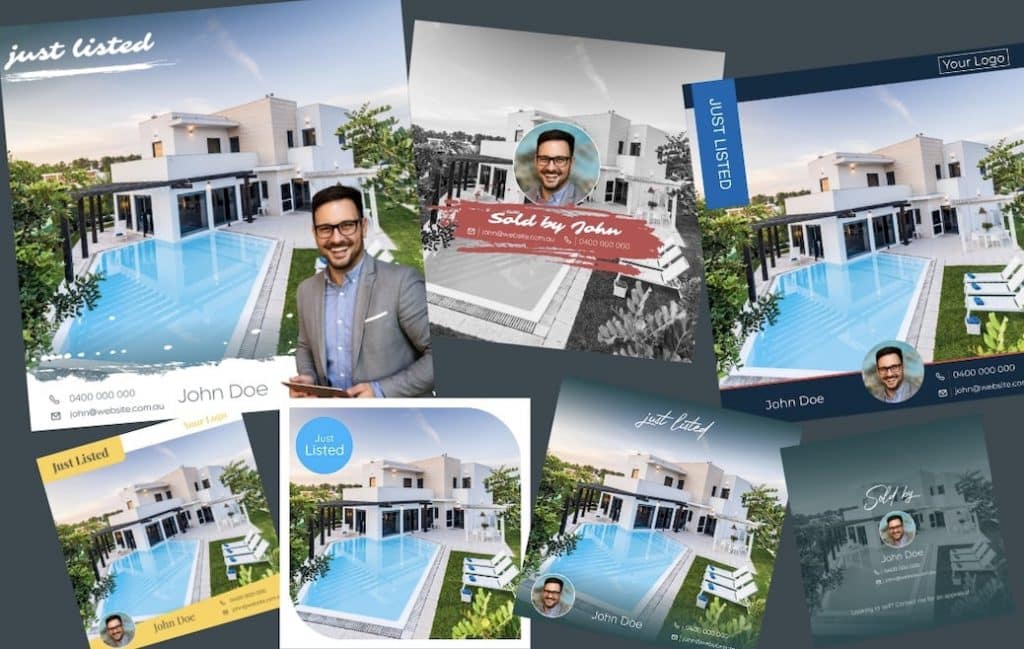 Collage of branded listing graphics featuring agents