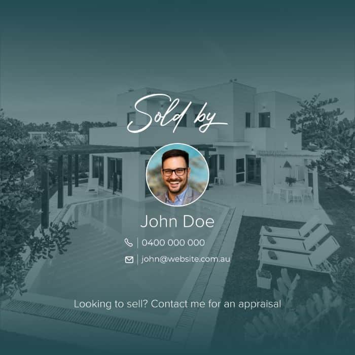 Sold by graphic with the agent's photo and contact details over a faded property photo