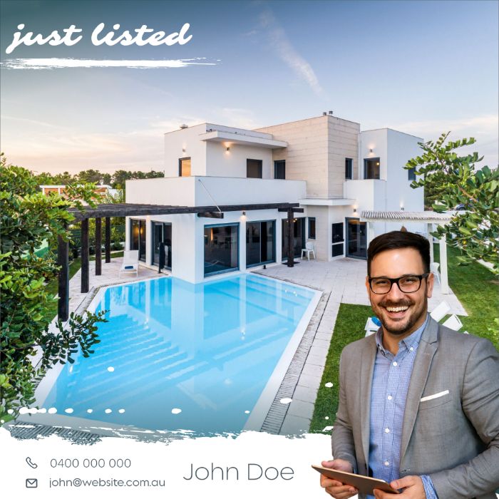 Just Listed graphic with a brush-stroke banner and the agent in front of a pool home