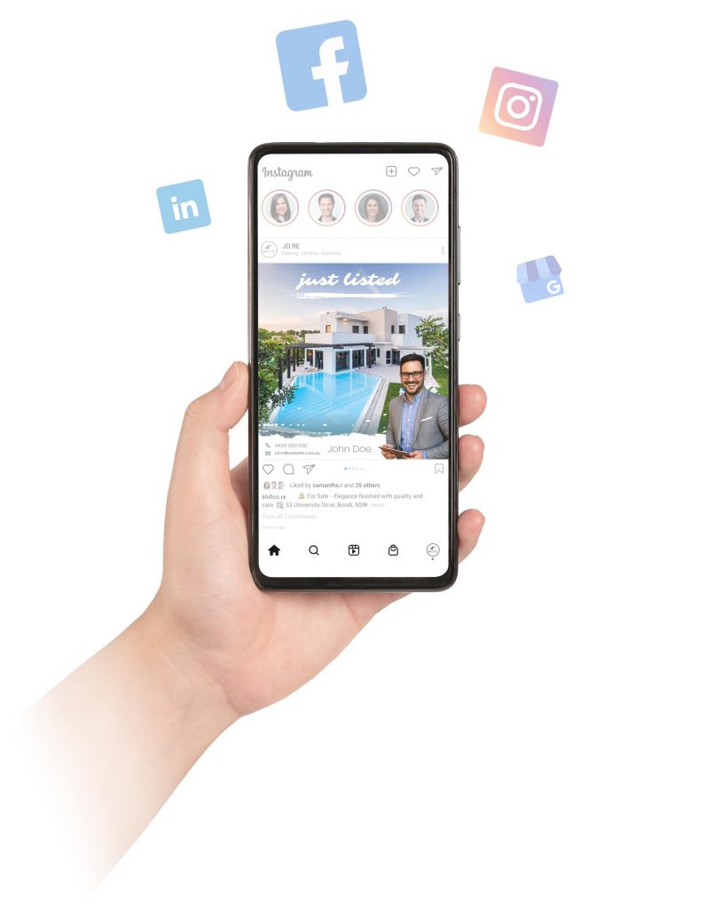Hand holding a phone showing a Just Listed post, surrounded by social media icons