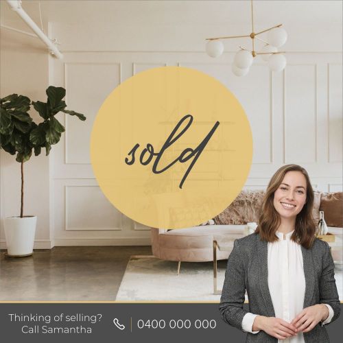 Sold graphic with a gold circle and the agent in a styled living room