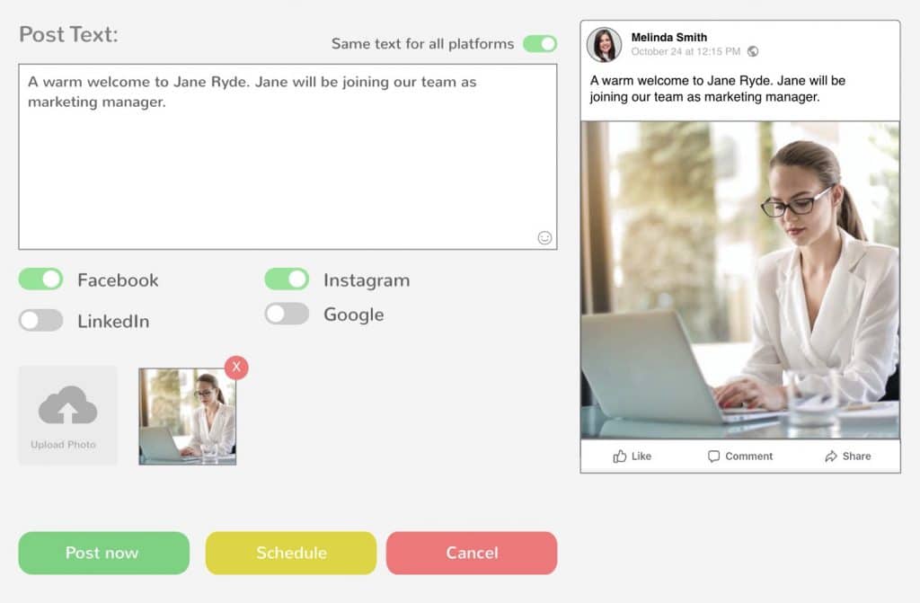 Dripflow custom post composer with post text, platform toggles and a Facebook preview
