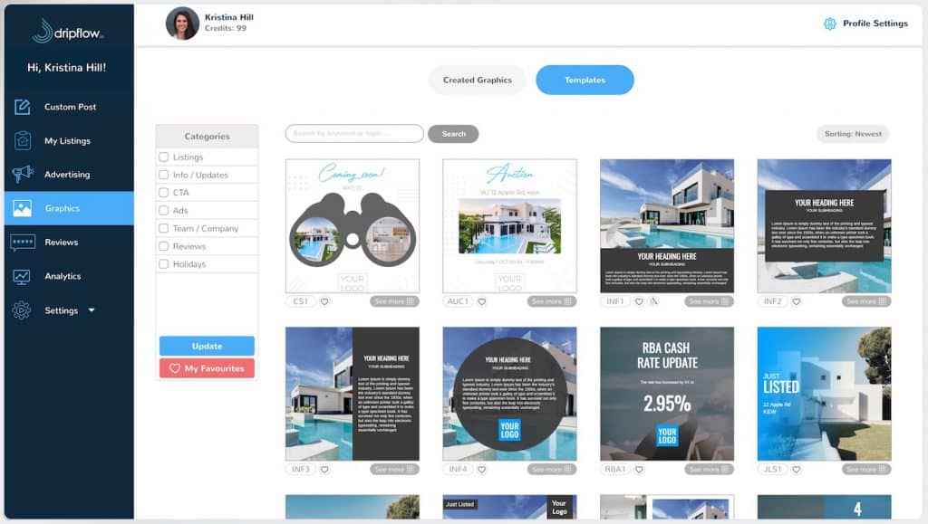 Dripflow graphics section with template designs