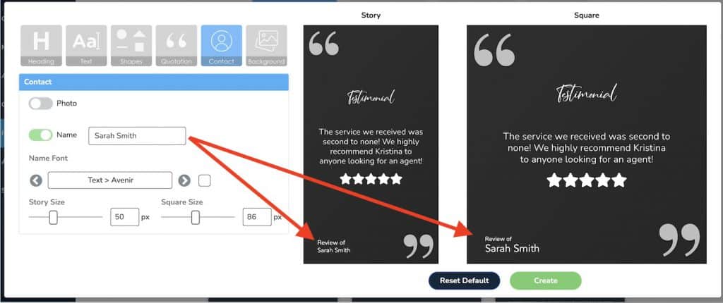 Review graphic editor with arrows pointing to the reviewer’s name on story and square designs