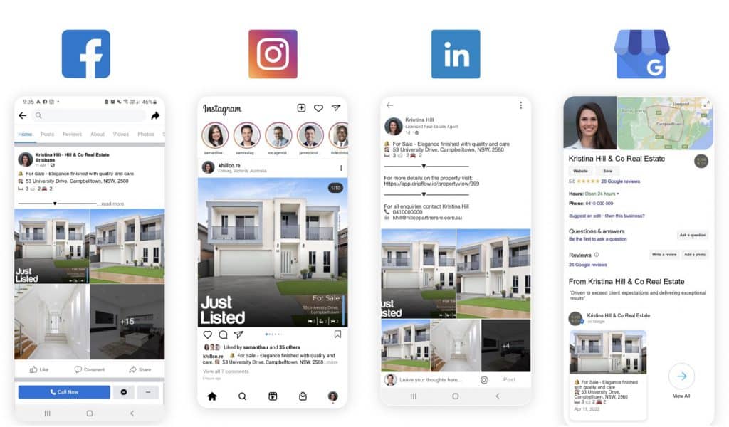 Listing posts on Facebook, Instagram, LinkedIn and Google