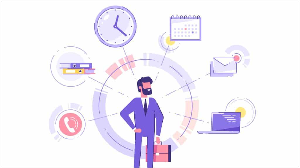 Illustration of a businessman surrounded by icons for time, calendar, email and calls