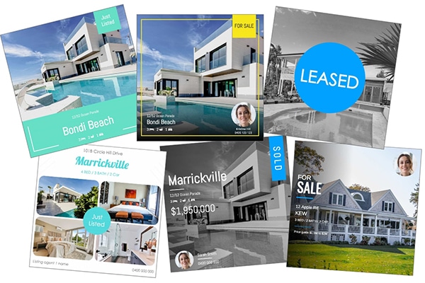 Collage of listing graphic designs for Just Listed, For Sale, Sold and Leased