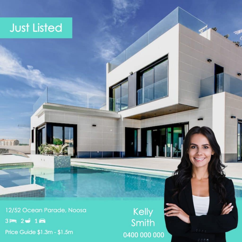 Personalised Just Listed graphic with the agent in front of the property