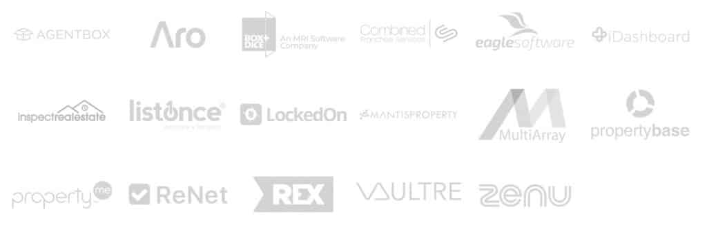 Logos of the CRMs Dripflow integrates with, including AgentBox, Aro, Box+Dice, Eagle Software, LockedOn, Rex, VaultRE and Zenu