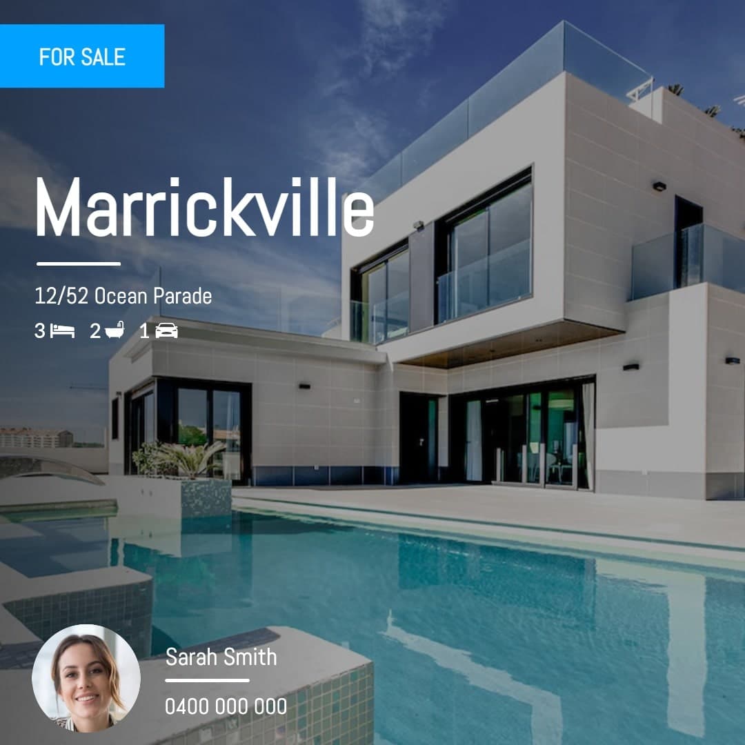 For Sale graphic with the suburb, bedrooms, bathrooms, car spaces and agent photo