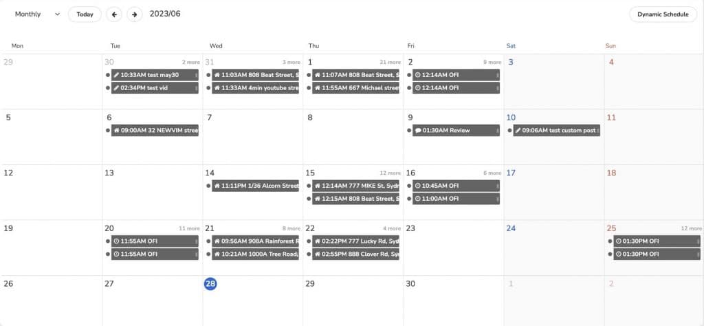Dripflow monthly calendar of scheduled posts