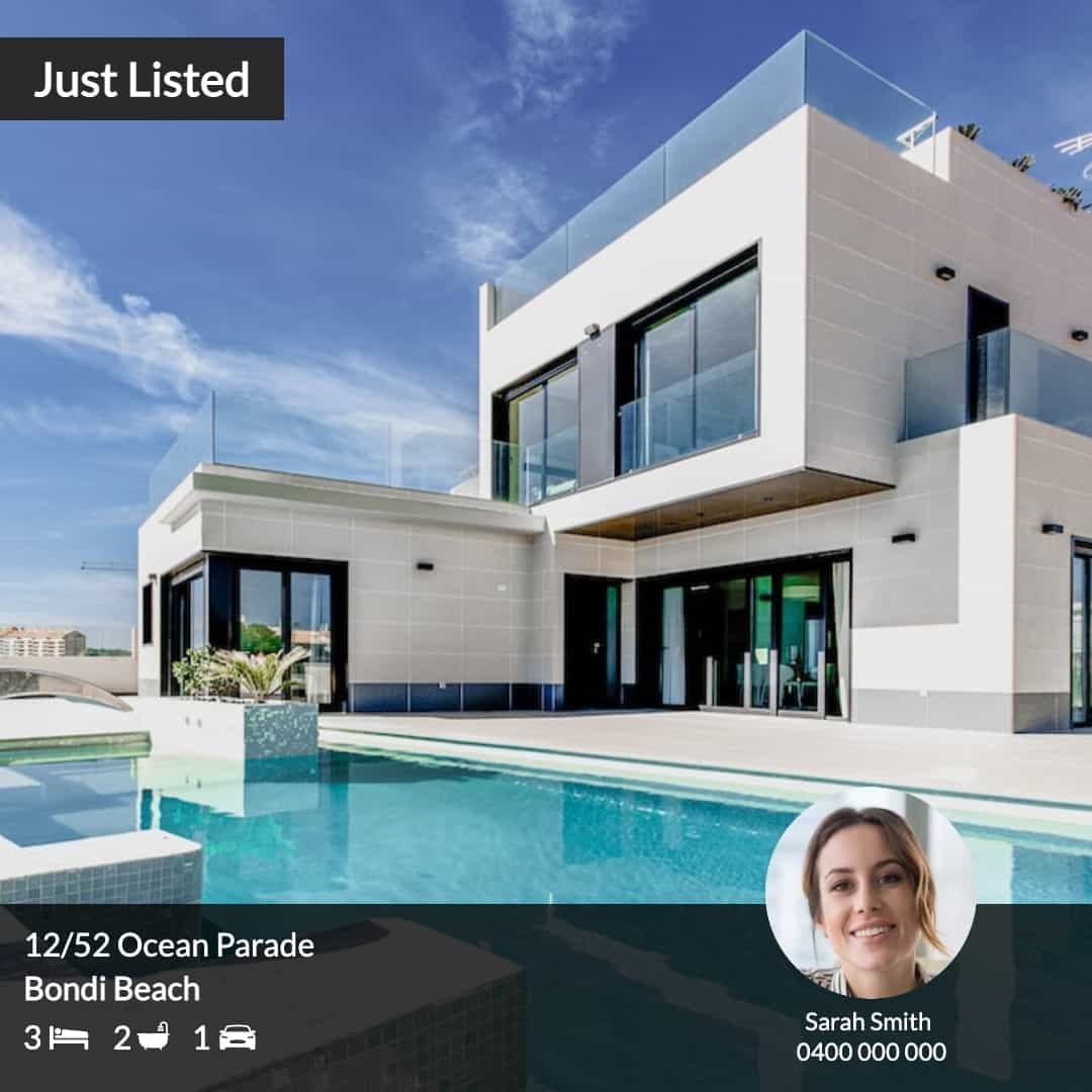 Just Listed graphic with the address and the agent's photo and number