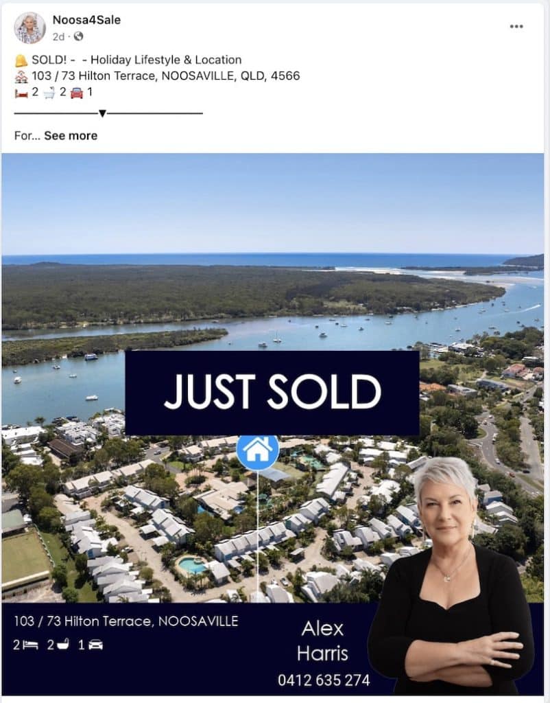 Facebook post with a Just Sold graphic over an aerial view of Noosaville