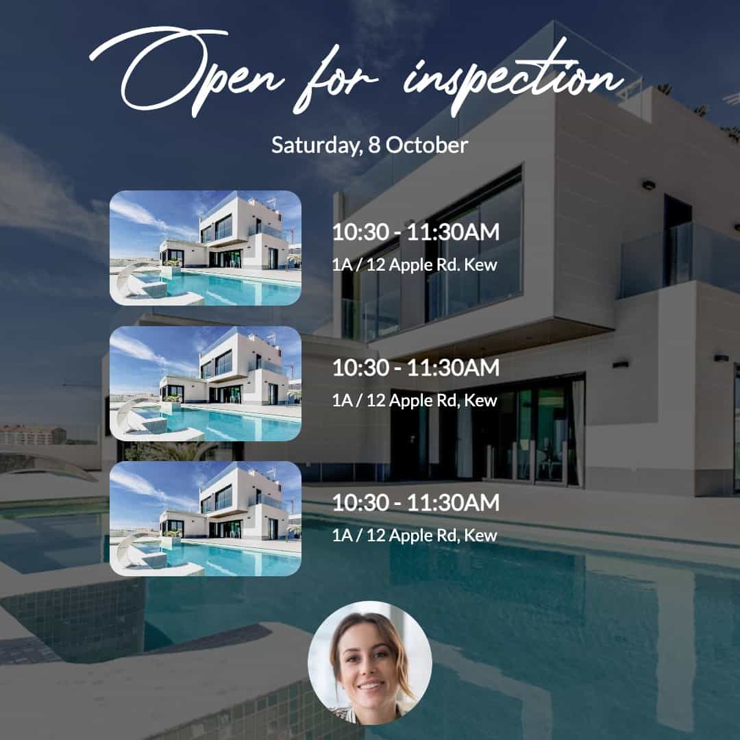 Open for inspection graphic listing three properties with times and addresses