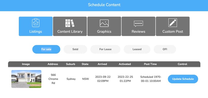 Dripflow Schedule Content screen with a listing ready to schedule