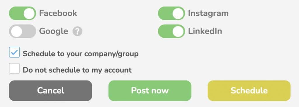 Post options for scheduling to the company or group, with Facebook, Instagram and LinkedIn turned on