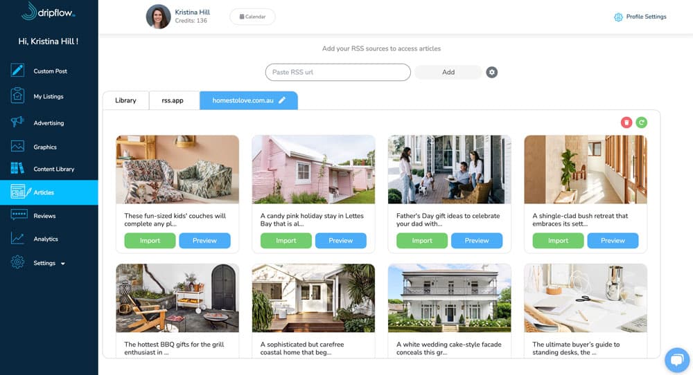 Dripflow articles screen importing real estate articles from an RSS source