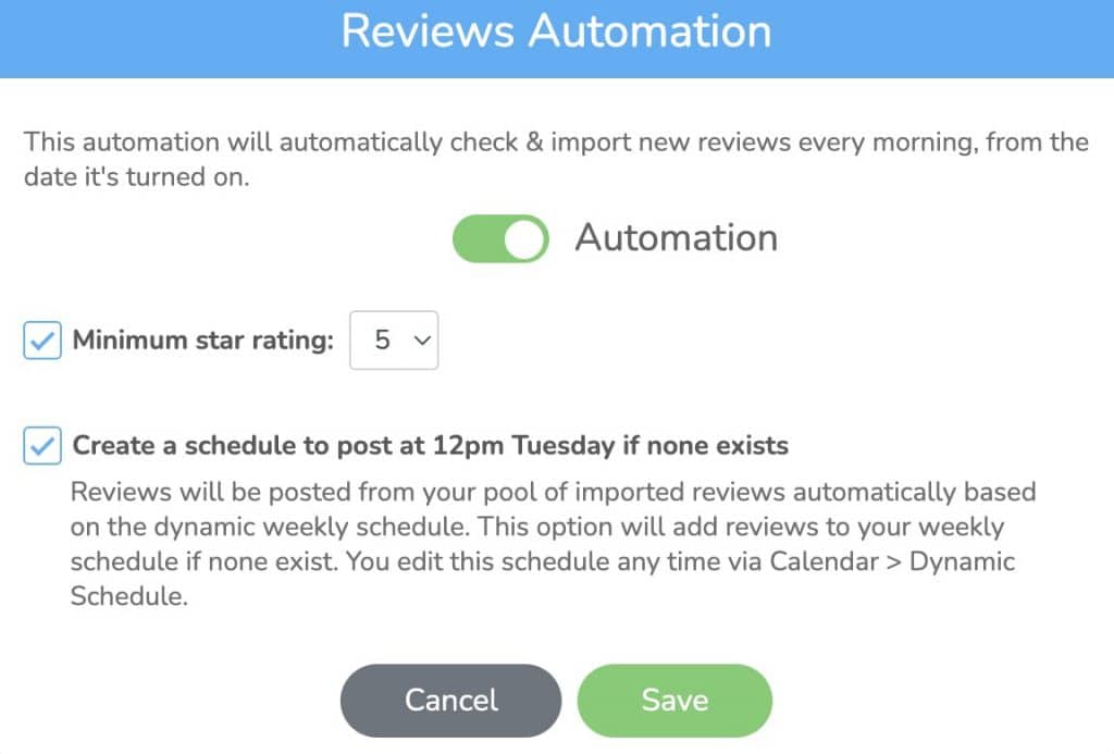 Dripflow Reviews Automation settings with a minimum star rating and a weekly schedule