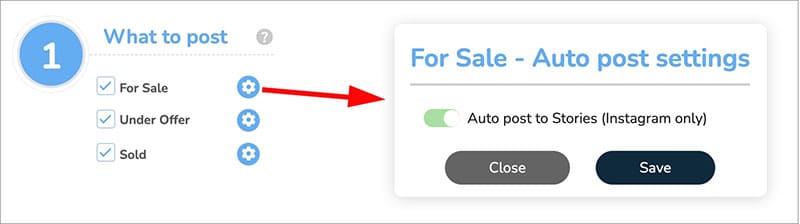 Turning on auto posting to Stories in the For Sale auto post settings