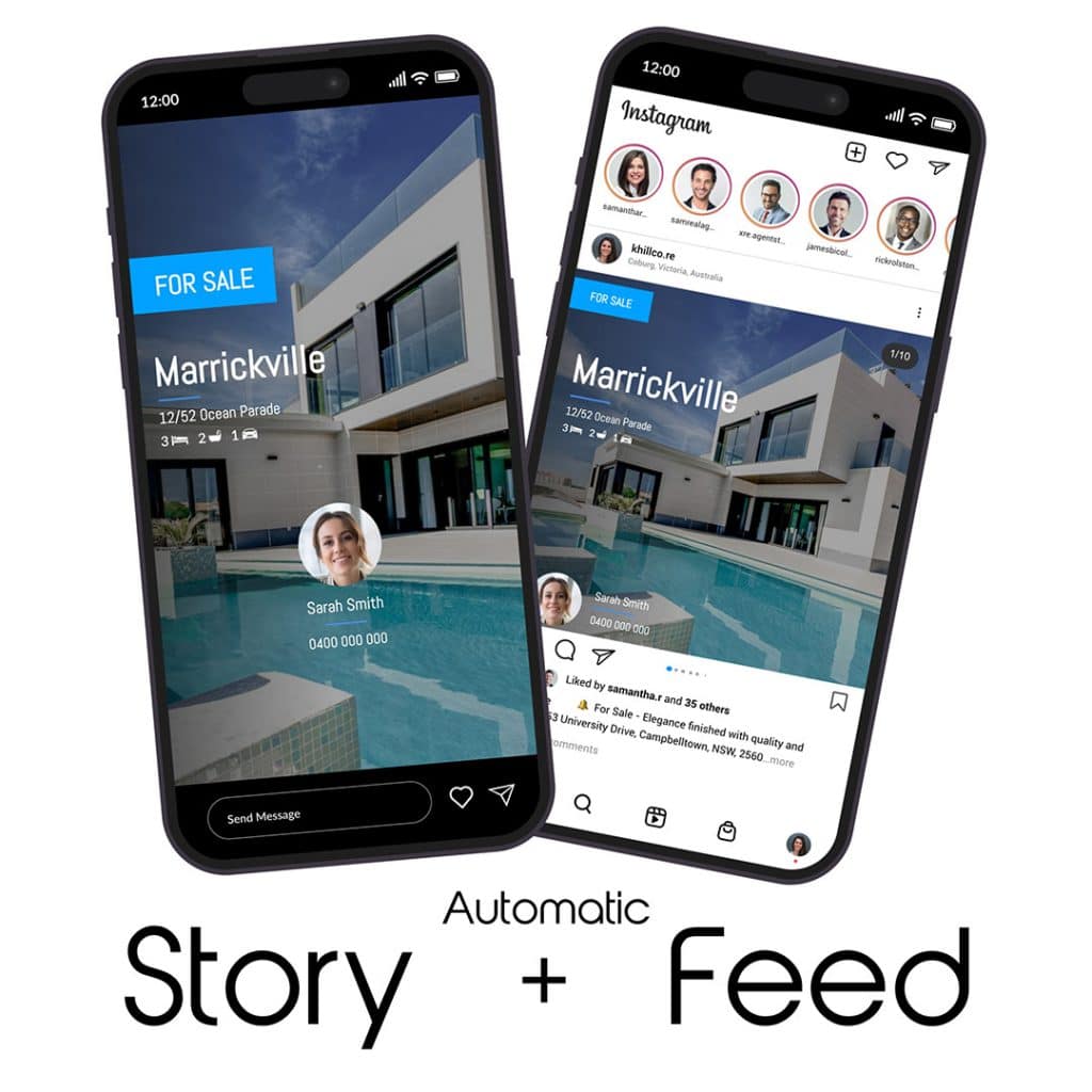 Two phones showing a listing posted automatically as a story and a feed post