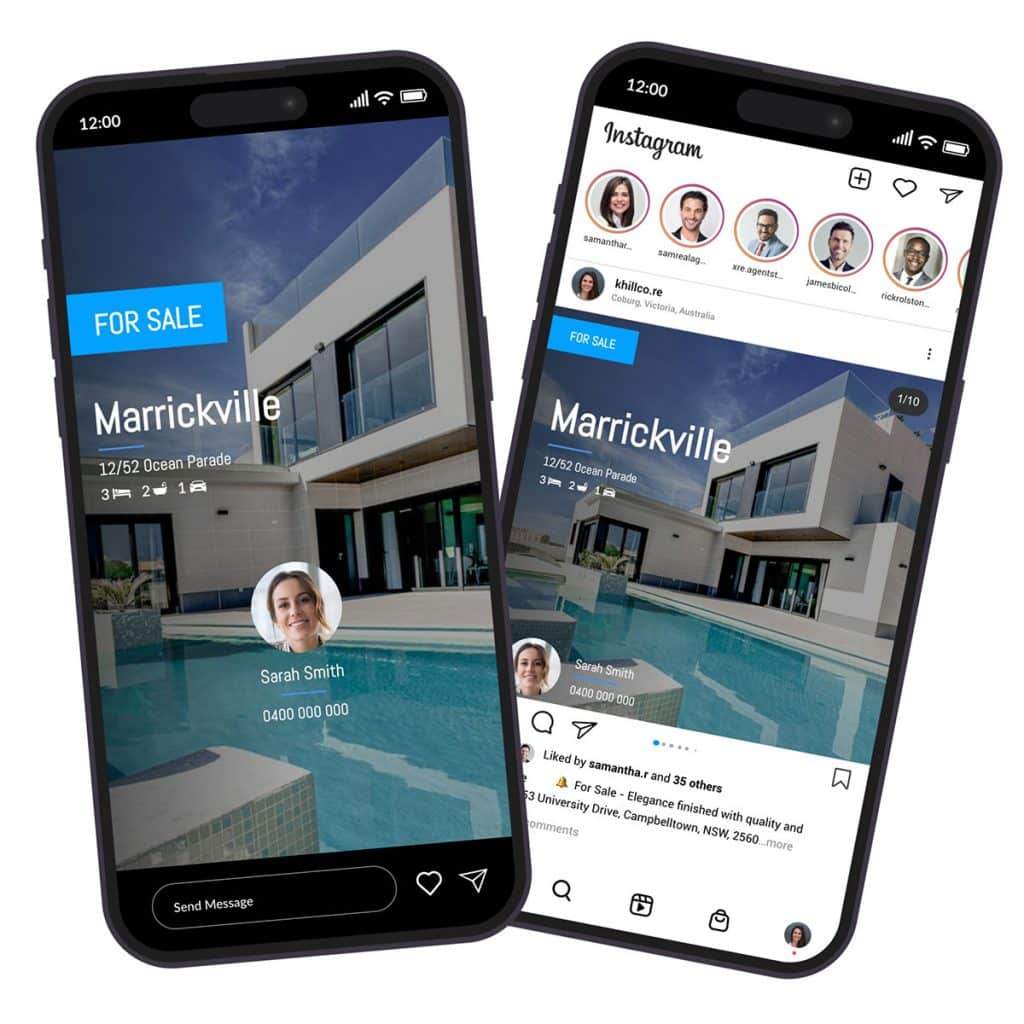 Two phones showing the same listing as an Instagram story and a feed post