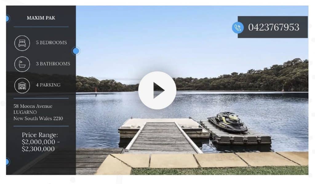 Property video frame of a lakeside jetty with the listing details beside it