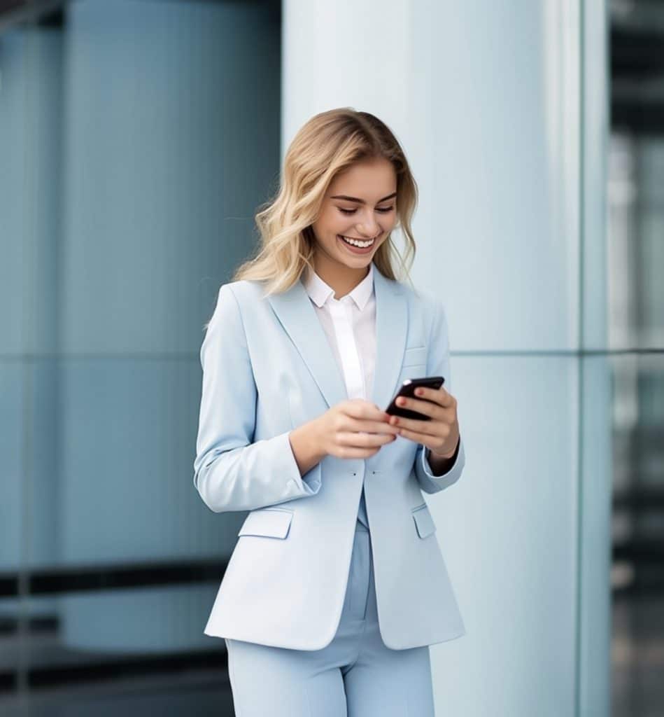 A smiling businesswoman looking at her phone