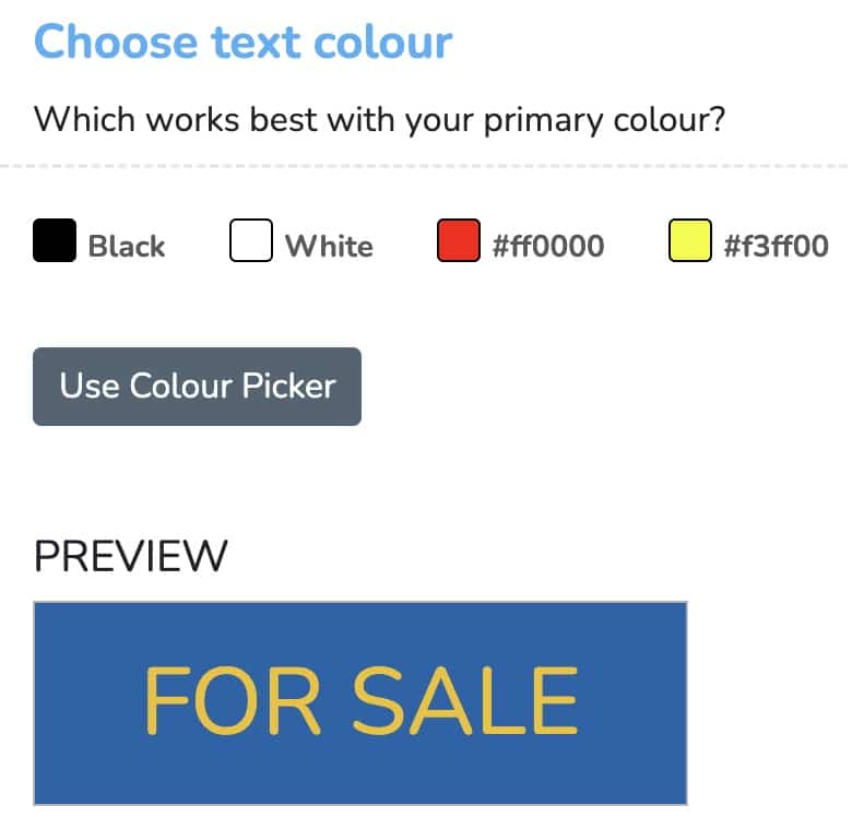 Choosing the text colour for listing graphics, with a For Sale preview