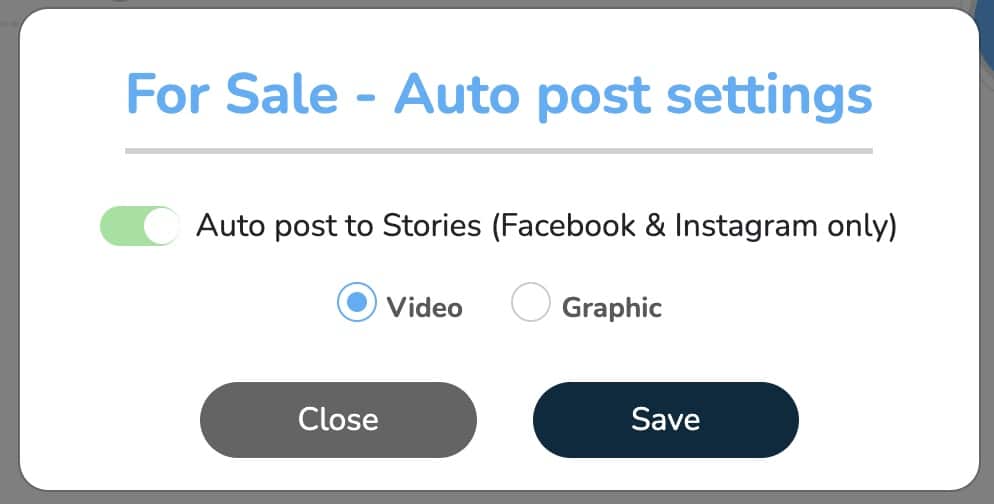 For Sale auto post settings with auto posting to Stories turned on and video selected