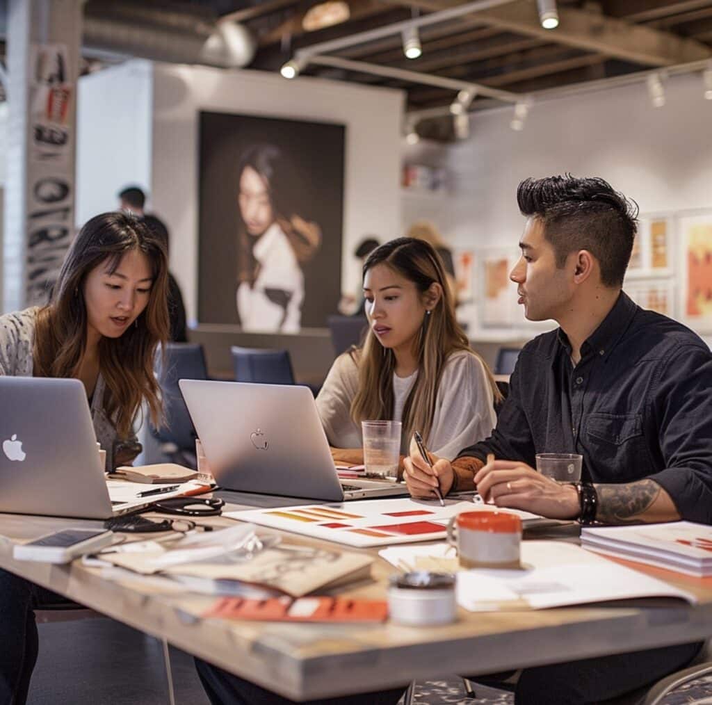 A team working together around laptops and printed designs